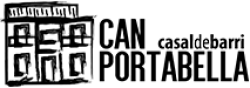 Logotip del casal de Barri de Can portabella en blanc i negra amb text on hi posa "Casal de Barri de Can Portabella! i un dibuix de la façana